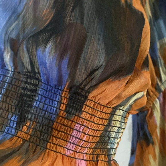 NWT MELLODAY Womens Ruffle Gauze Midi Dress In Blue Orange Abstract - Picture 4 of 6